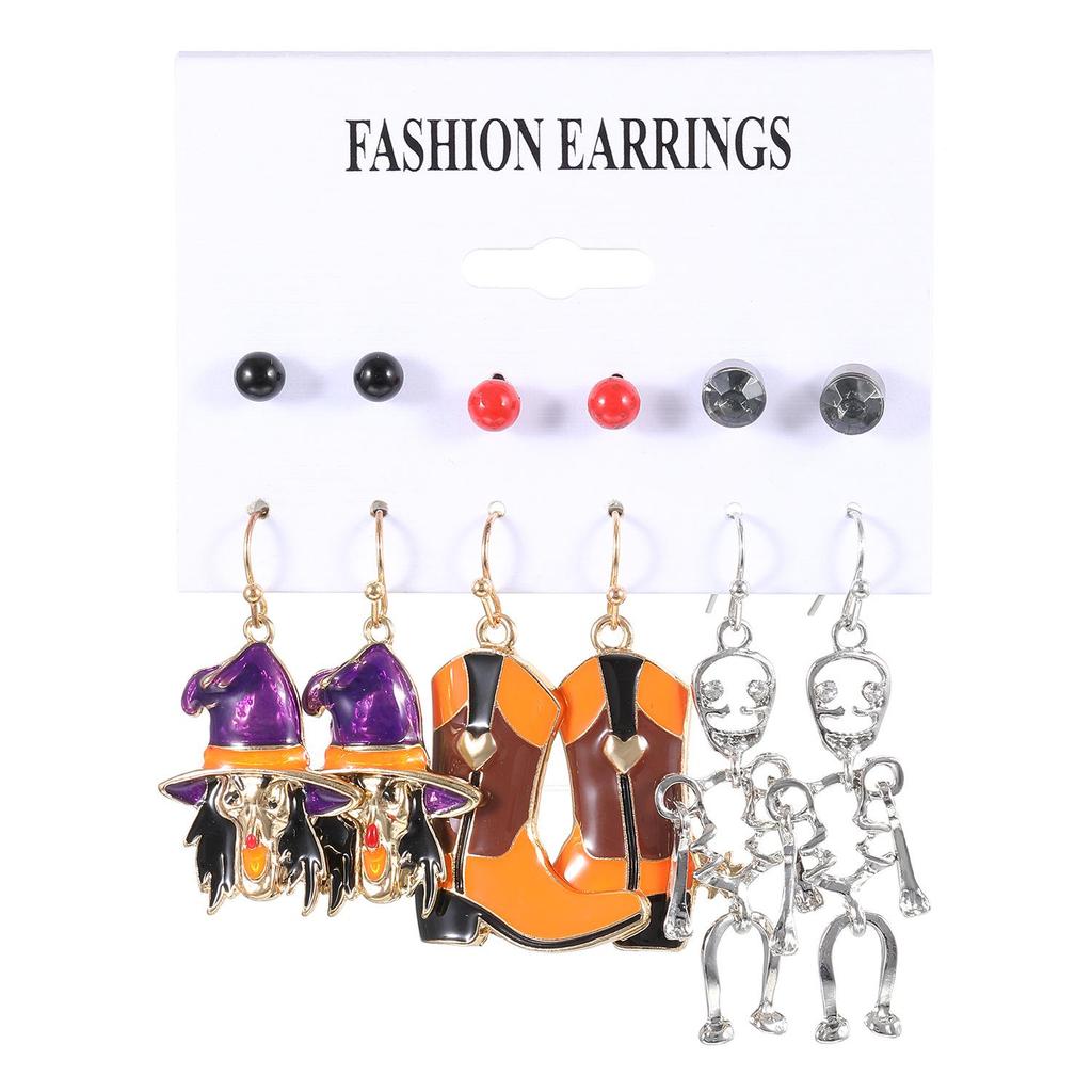 Cross-Border Halloween Earrings Set: Ghost, Pumpkin, Witch, Skeleton, Spider, Black Cat, Bat, Spider Web Ear Studs