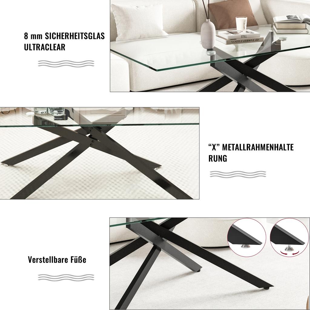 Coffee table made of tempered glass, rectangular coffee table, black shaped metal legs, modern living room table, black-H46/B100/T60 cm