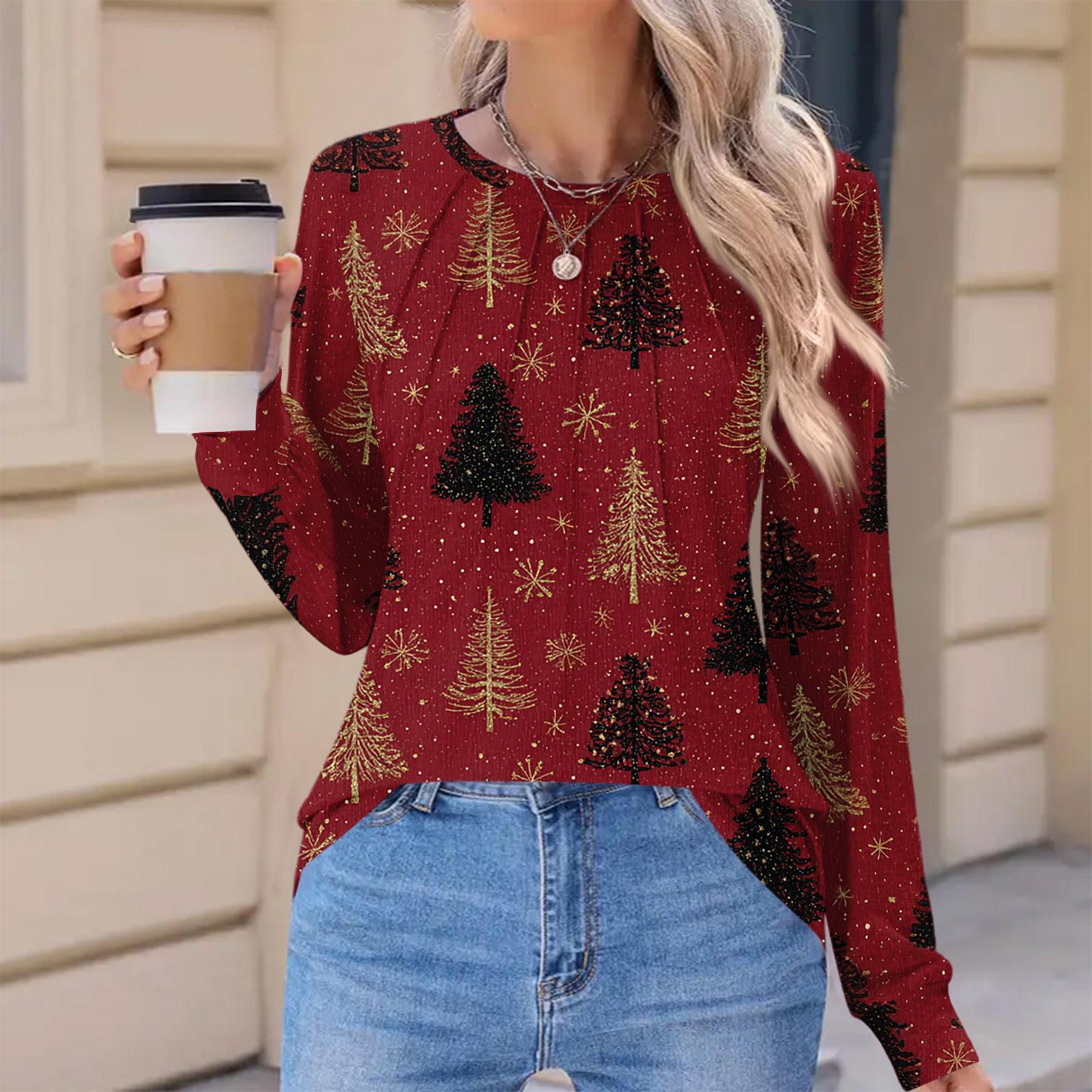 

Женская модная повседневная футболка с рождественским принтом, плиссированная, удобная, с круглым вырезом, свободная, с длинным рукавом XL