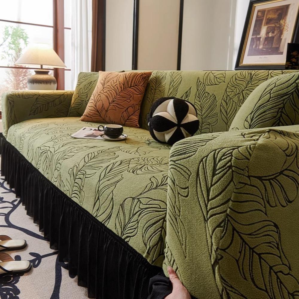 Jacquard Sofa Cover with Skirt Universal Full Coverage Stretch Slip Proof Fabric Couch Dust Protector