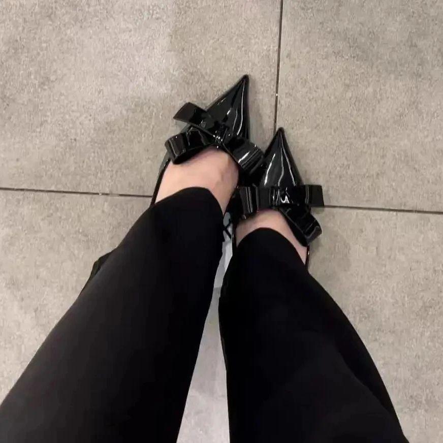 TRAF Women‘s Black Bow Leather High Heels Sexy Pointed Toe Stiletto Female 2024 Summer Fashion Pumps Sexy Slingbacks Sandals