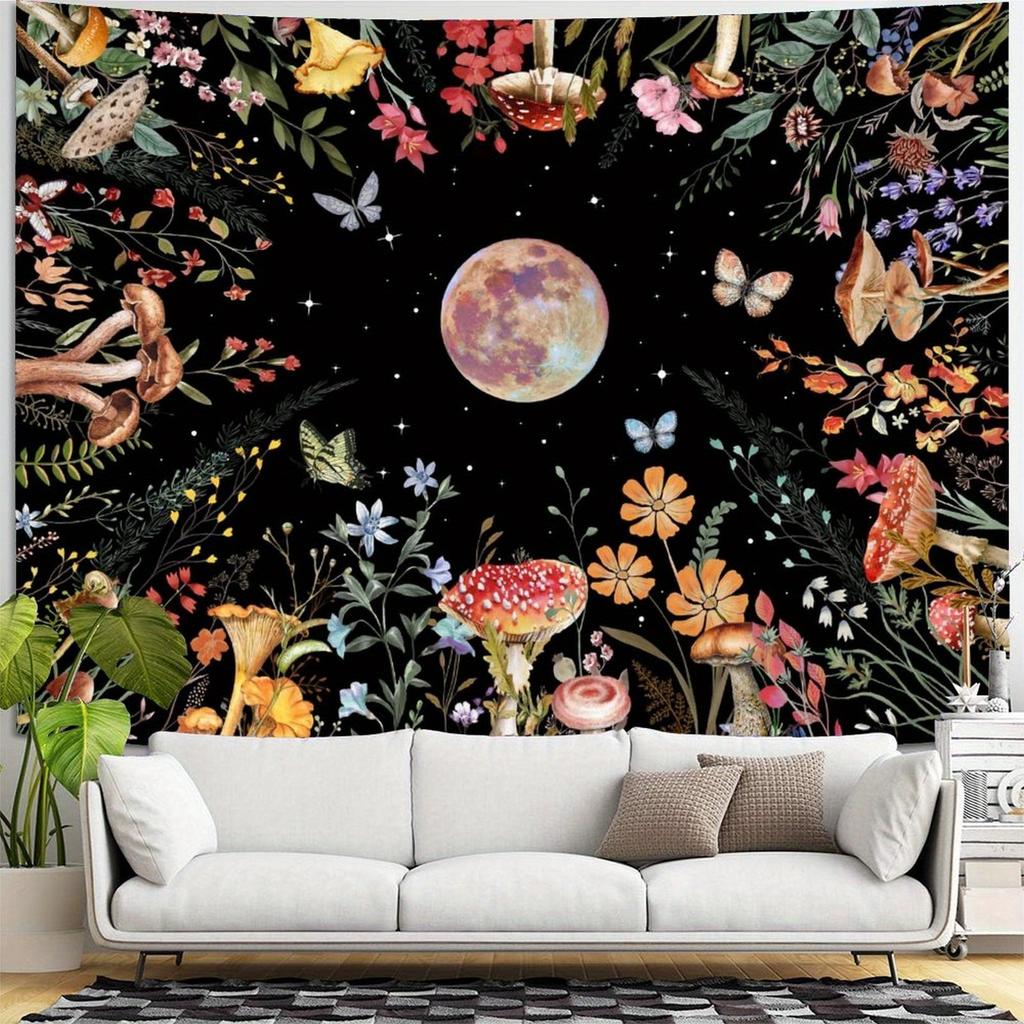 1pc Bohemian Moon Tapestry with Bright Floral and Mushroom Design - Polyester Wall Hanging for Bedroom or Living Room Decor