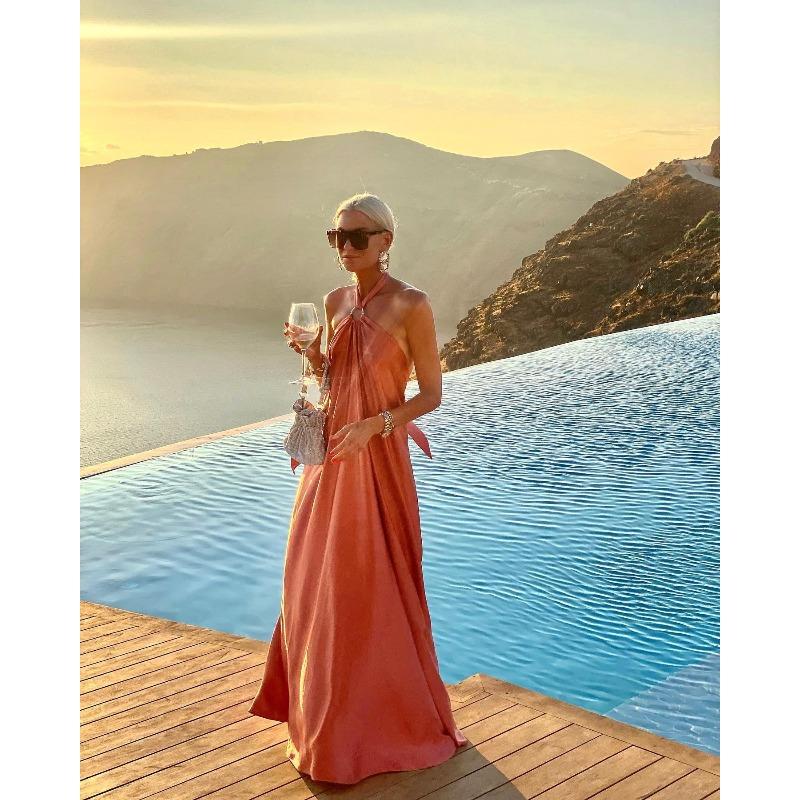 Women's Summer Long Dress Sexy Temperament Sleeveless Loose Satin Women's Halter Dress Fashion Elegant Solid Color A Line Casual Party Dresses