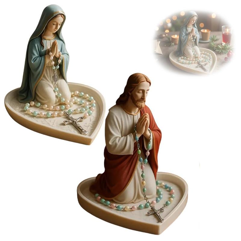 Virgin Mary Jesus Rosary Holder,  6" Blessed Mother Statue Catholic Sculpture Resin Jewelry Box for Necklace Rings Desktop Decor