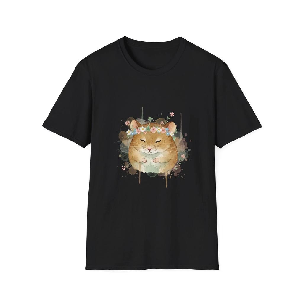 Hamster Flower Crown Watercolor Cute Boho Black Tee Nature Graphic T-Shirt