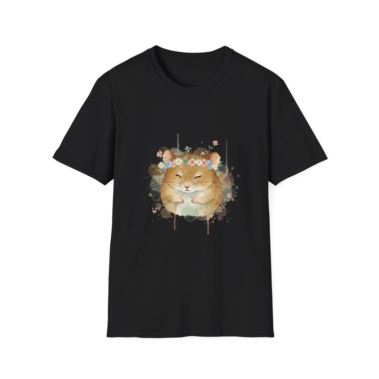 

Hamster Flower Crown Watercolor Cute Boho Black Tee Nature Graphic T-Shirt M