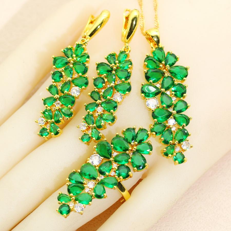 Luxus Grün Kristall Vergoldet Schmucksets Ohrringe Halskette Anhänger Ring Armband Schmuck für Frauen Hochzeitsgeschenk 9 green