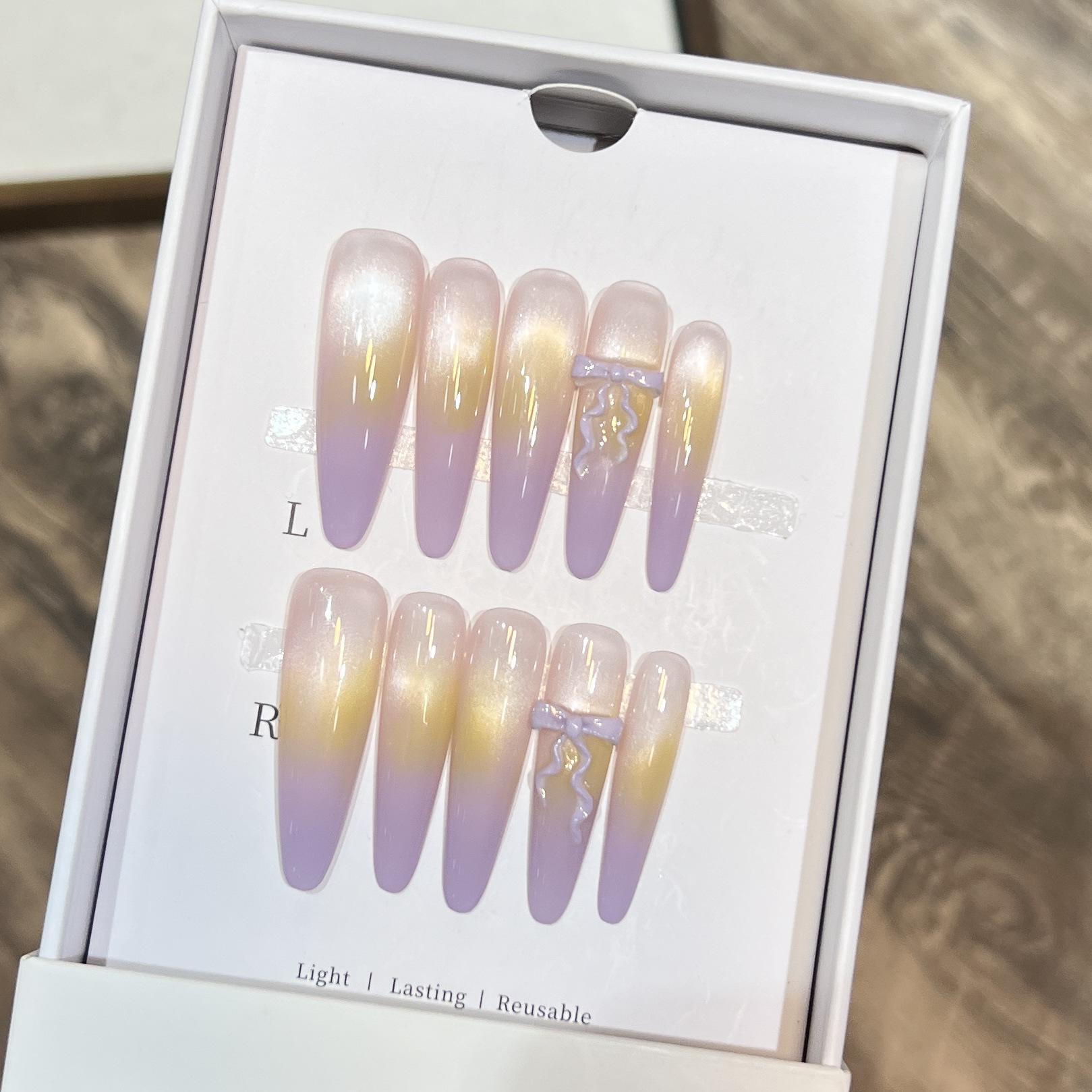 

Handmade Cat Eye Press-on Nails - Dreamy Violet Bow Detachable Tips Large L