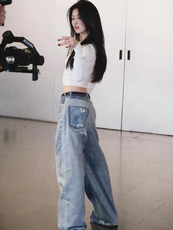Yichun Niche Design Ripped Wide-Leg Casual Printed Jeans