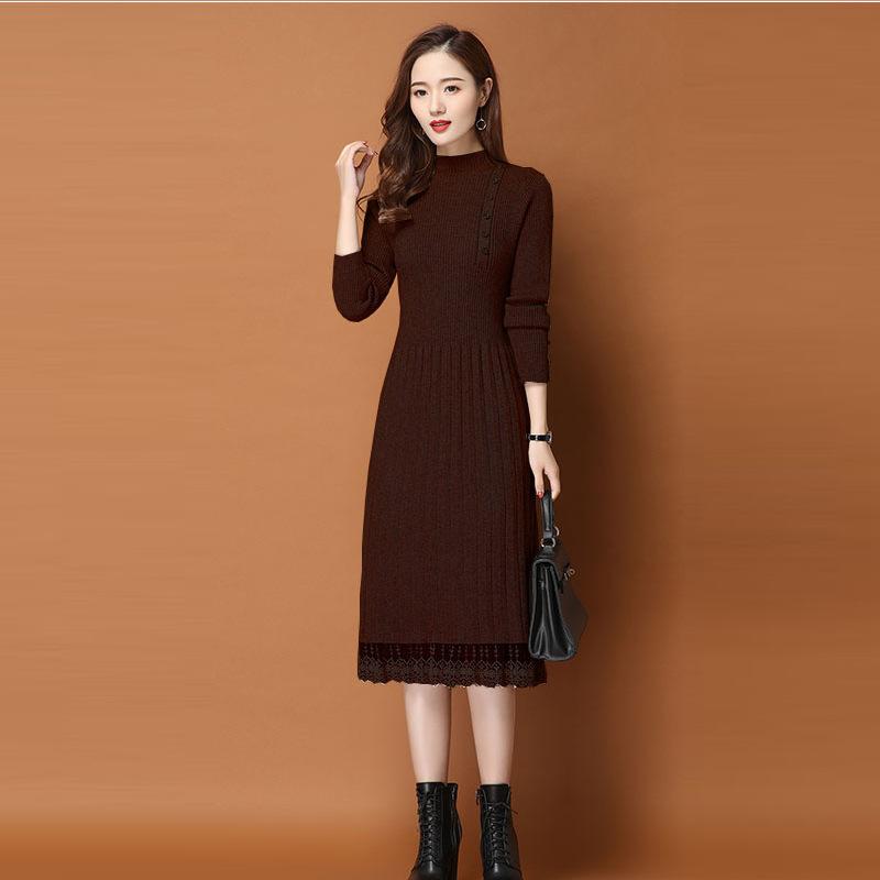 Dámské úzké dlouhé svetrové šaty na jaro a podzim s dlouhým rukávem, pletené, s vysokým pasem