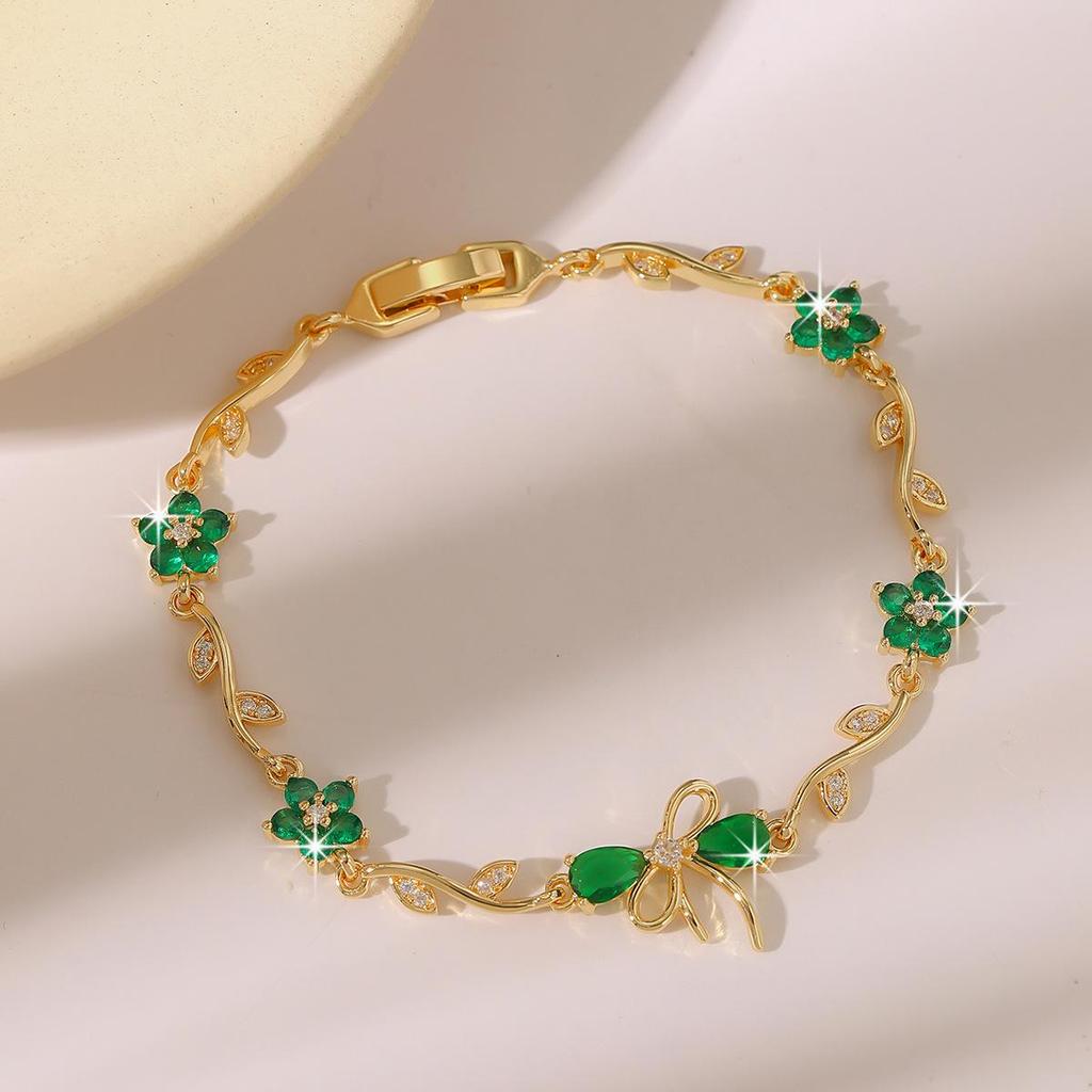Bracelet Feuille Plaqué Or avec Incrustations de Zircon Hachuré et de Diamant