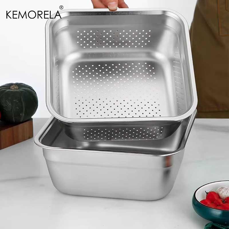 Multifunktionell Köksvask i Rostfritt Stål Durkslag Fyrkantig Bassäng för Att Tvätta Ris Dränera Grönsaker & Blötlägga Frukt 2-i-1