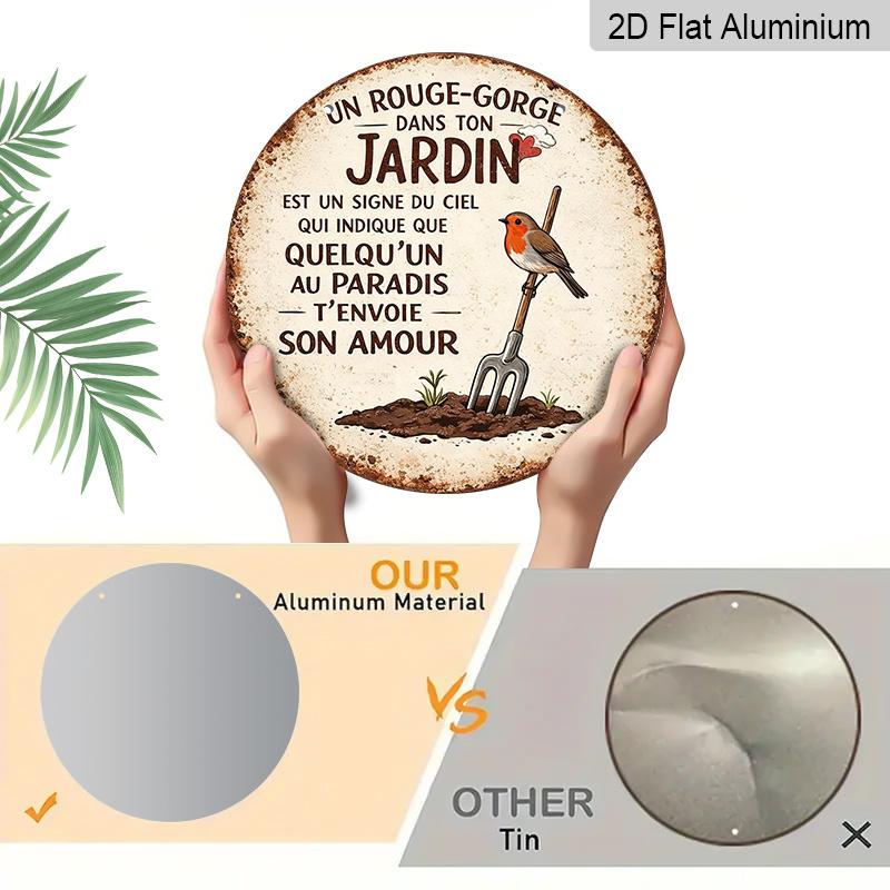 2D Flat, 1pc Waterproof Round Aluminum Robin Sign, French Memorial Quote with Robin & Garden Print, Retro Distressed Finish, Durable Metal Hanging