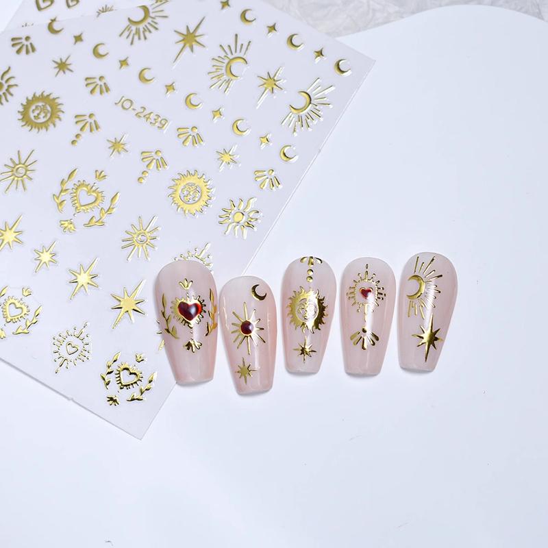 1Pc Bronzing Heart-Shaped Nail Stickers Gold And Silver Laser Butterfly Star Moon Glue Slider Diy Nail Accessories Decoration