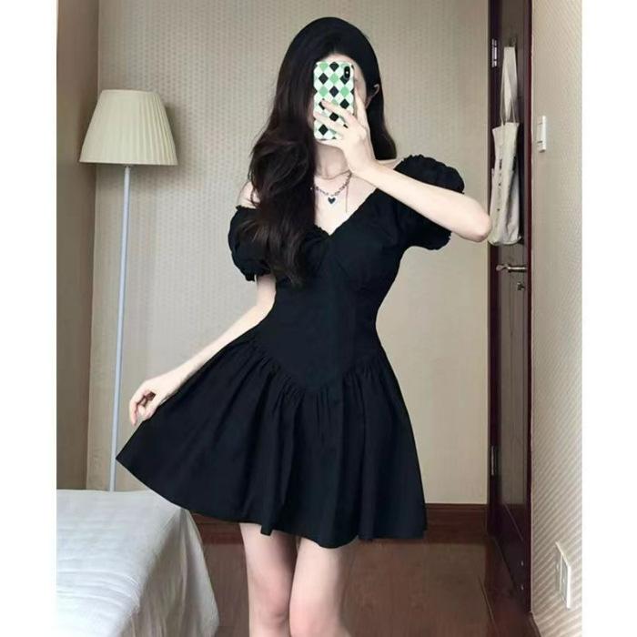 French black pleated v-neck women s summer niche design waist pure pleated short skirt backless dress S чёрный