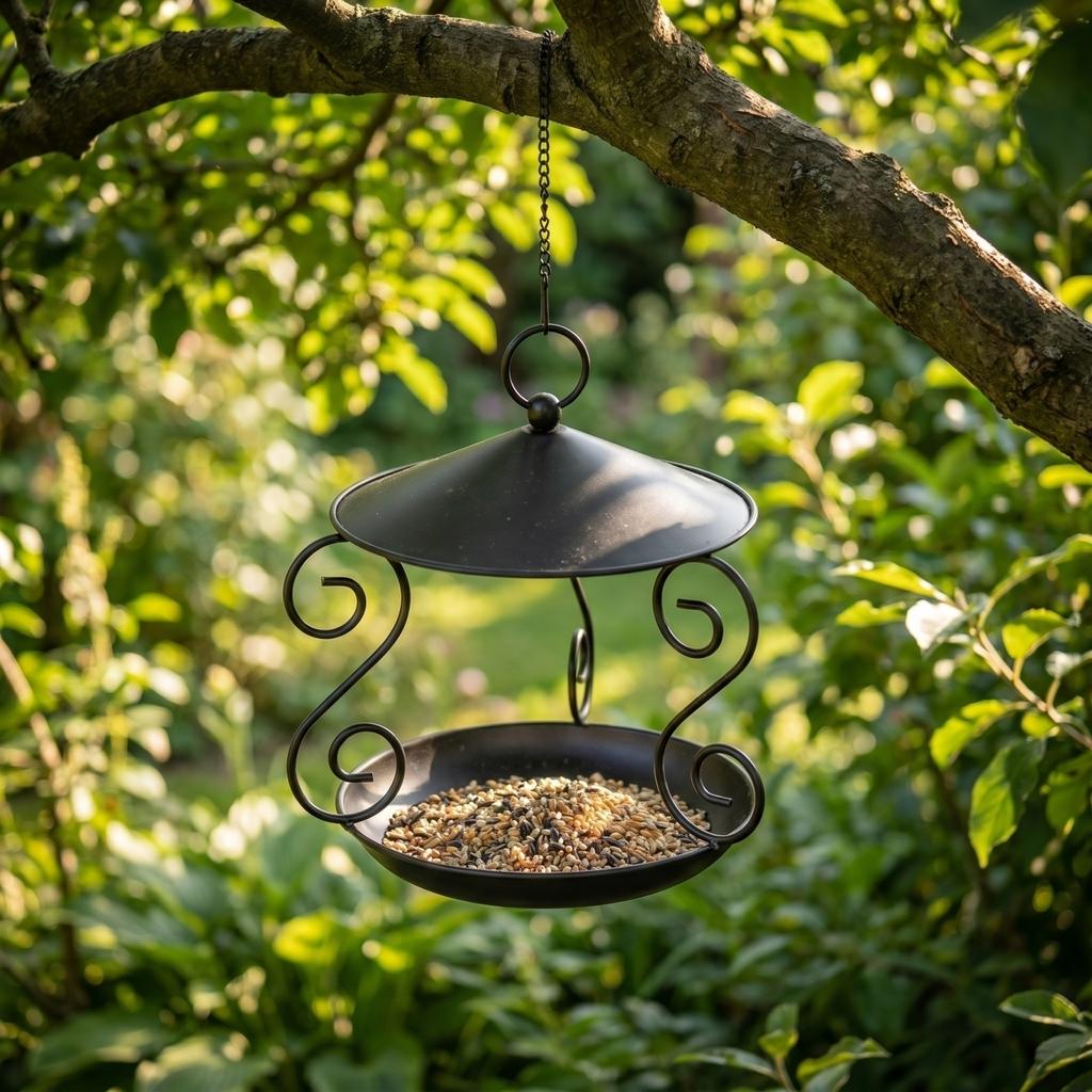 Outdoor Hanging Metal Bird Feeder with Circular Tray and Protective Roof for Garden Balcony Yard Automatic Feeding Station