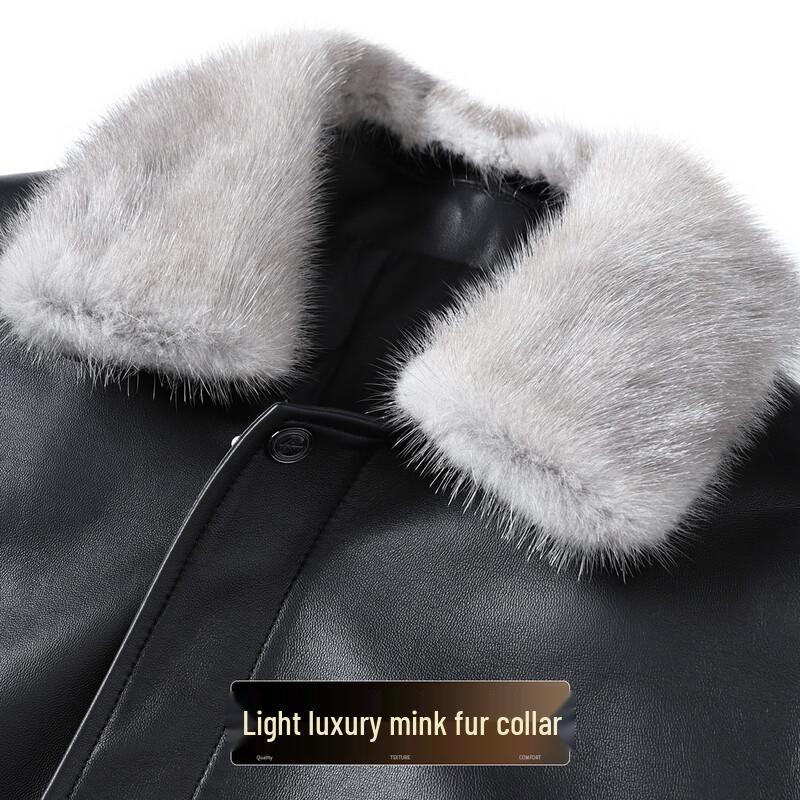 Fu Ting Men's Winter Genuine Sheepskin Leather Jacket with Mink Fur Collar and Goose Down