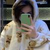 Y2k Amerikaanse Winter Retro Dames Hoodie Mode Losse Capuchon Cardigan Lange Mouwen Beer Print Pluche Warm Koppel Sweatshirt