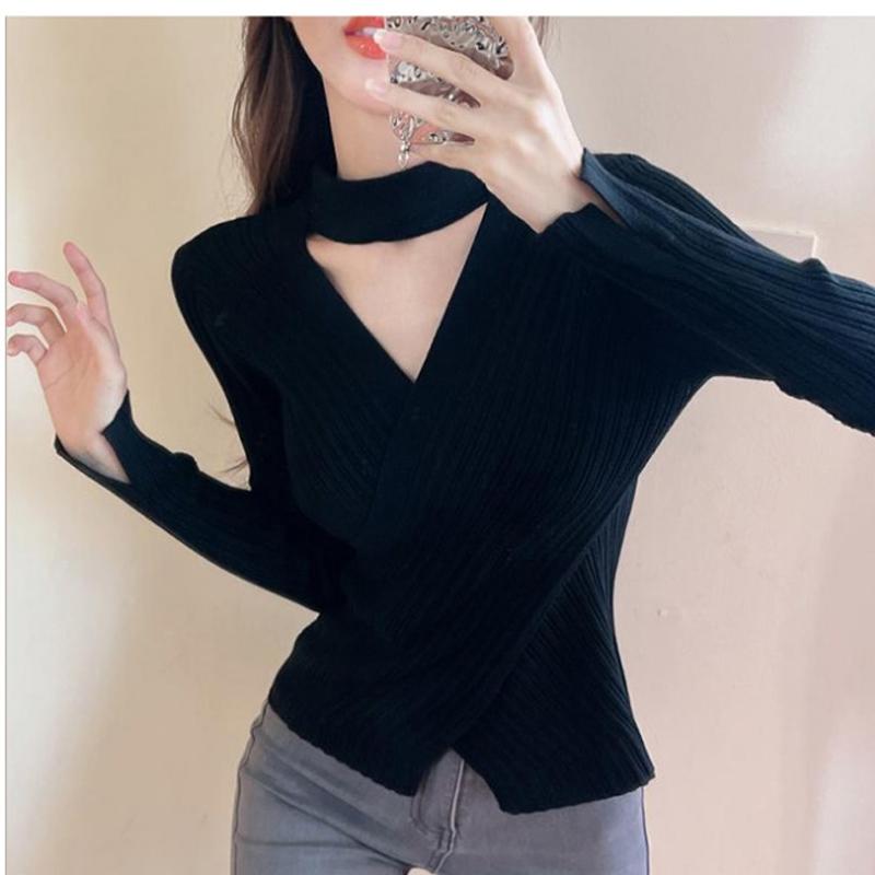 Sexy Fashion Cross V-neck Knitted Bottoming Shirt Women's Pullover Slim Fit Casual Sweater Autumn Winter Turtleneck Inner Top Solid Simple Clothing