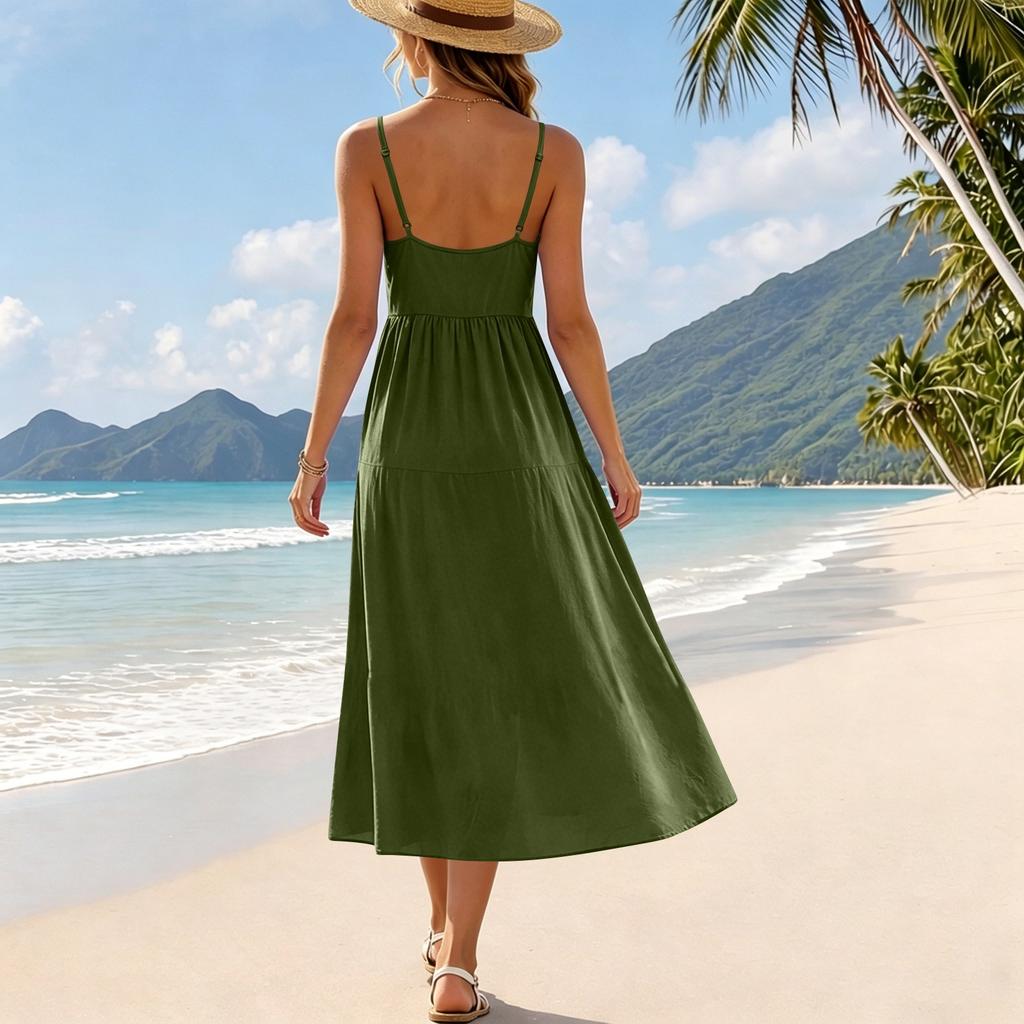 Zomerjurk voor dames, mouwloos, met verstelbare bandjes, bohemien, midi, met zakken, voor strandvakantie, casual kleding