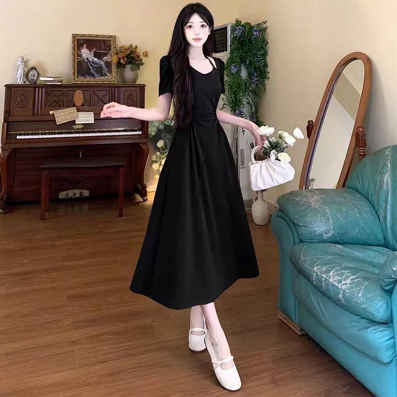 Elegant French Summer Plus Size Slimming Dress - Two-Piece Design with Waist-Cinched Long Skirt