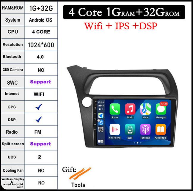 

9-дюймовый Android 14 для Honda Civic Хэтчбек 2006-2011 Автомагнитола Плеер Видео Мультимедиа Carplay IPS DPS Навигация DSP Экран