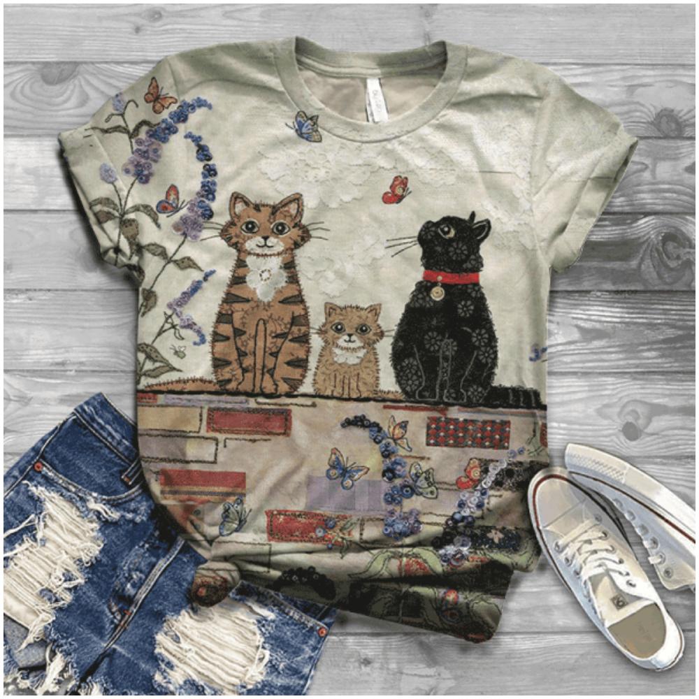 Vintage Damen T-Shirt Cartoon Kätzchen Harajuku Kleidung Lässige Kurzarm T-Shirts Sommer Damen Pullover Locker Streetwear