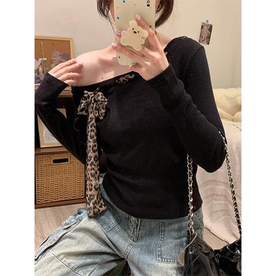 Black Pure Desire Slant Collar Off-shoulder Long-sleeved T-shirt for Women In Autumn Hot Girl Slim Leopard Print Lace-up Design Slant-shoulder Top