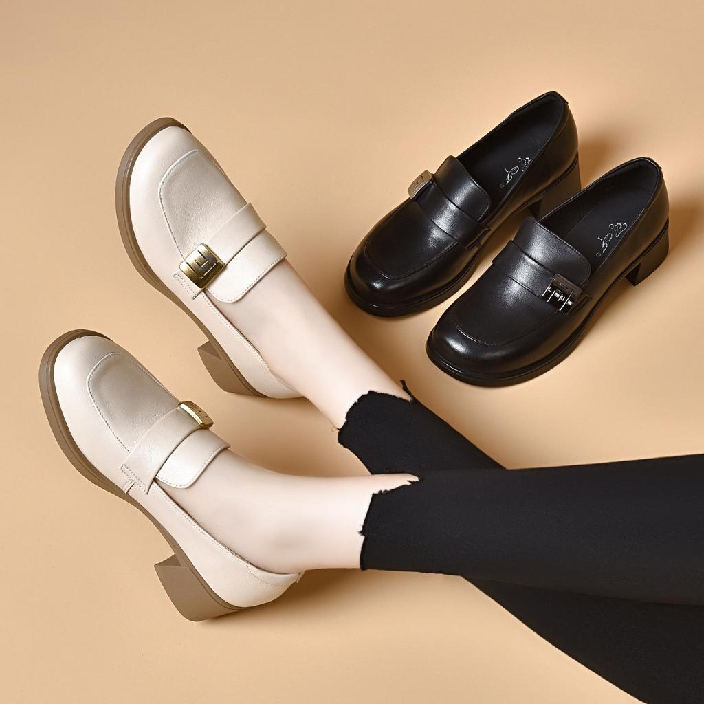 Round head small leather shoes women's 2024 spring round head square buckle shallow mouth women's single shoes sheepskin medium heel loafers