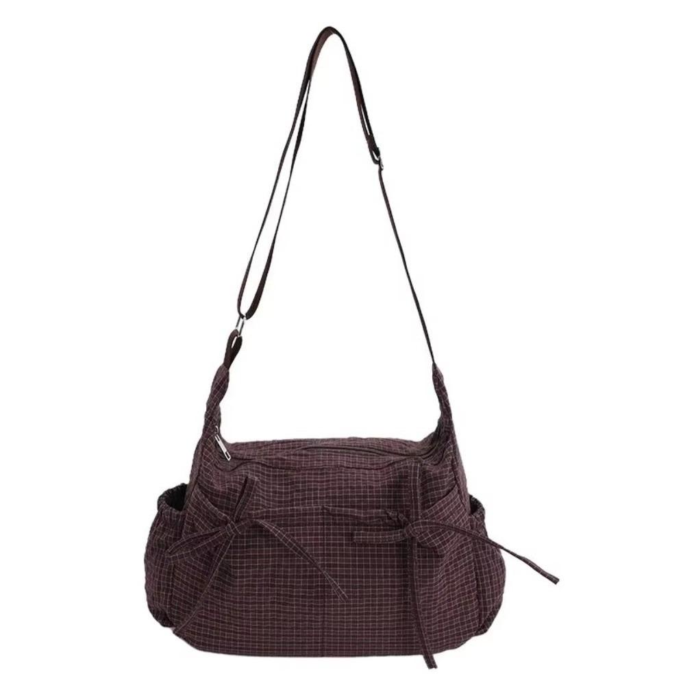 Multiple Pockets Nylon Shoulder Bag Grid Hobo Bag Sweet Bow Crossbody Bag  Outdoor