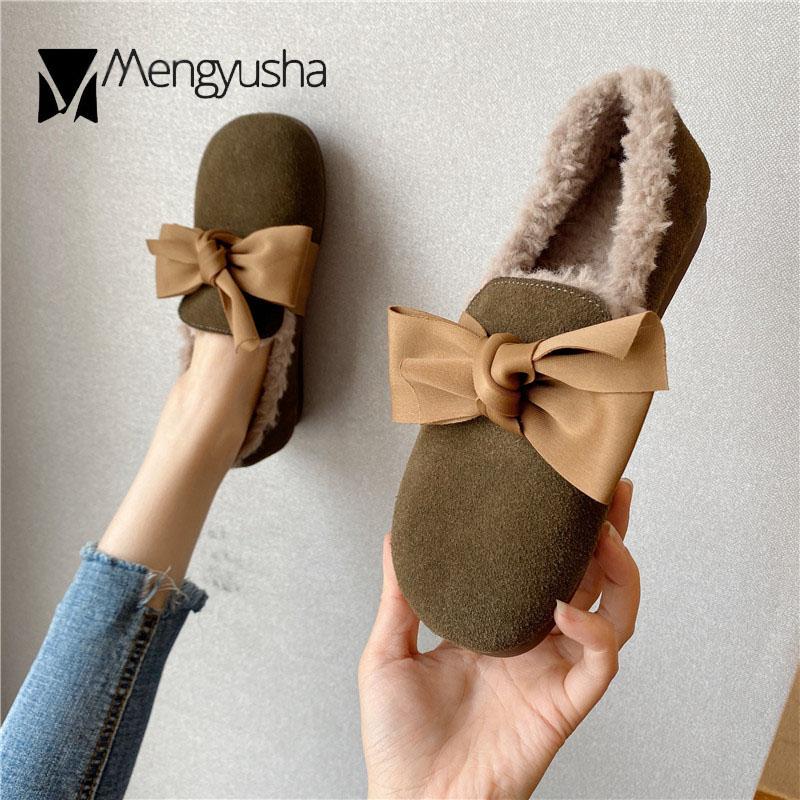 Fashion Nubuck Cow Leather Flats Woman Silk Bow-knot Furry Loafers Ladies Plush Winter Shoes Plus Size 35-42 Genuine Leather Moccasins