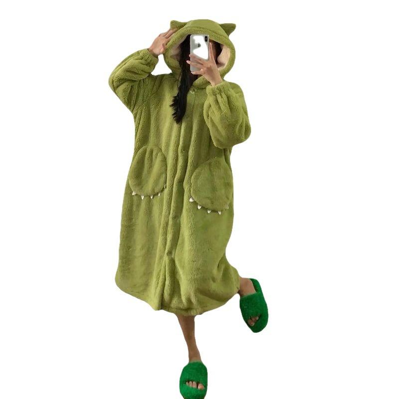 Cozy Hooded Velvet Nightgown with Big Eyes Design - Women's 2024 Winter Coral Fleece Loose-Fit Pajamas for Couples