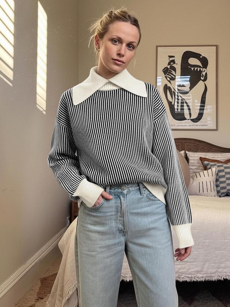 YiYi Women's Casual Color Block Striped High Neck Sweater