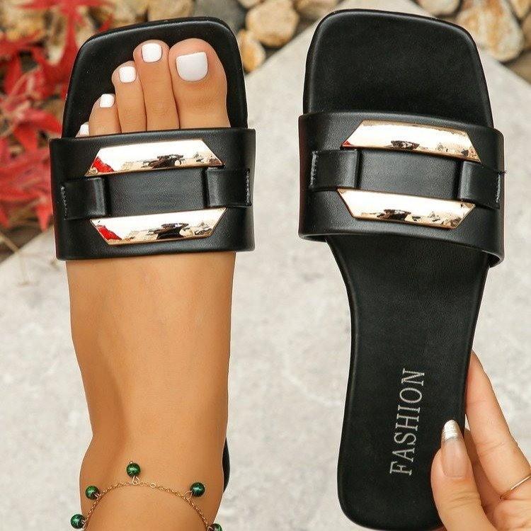 Fashion Fashion Versatile Woman Shoes 2025summer New Square Toe Flat Shoe Comfort Womens Metal Buckle Slippers Simple Women Flat Sandals