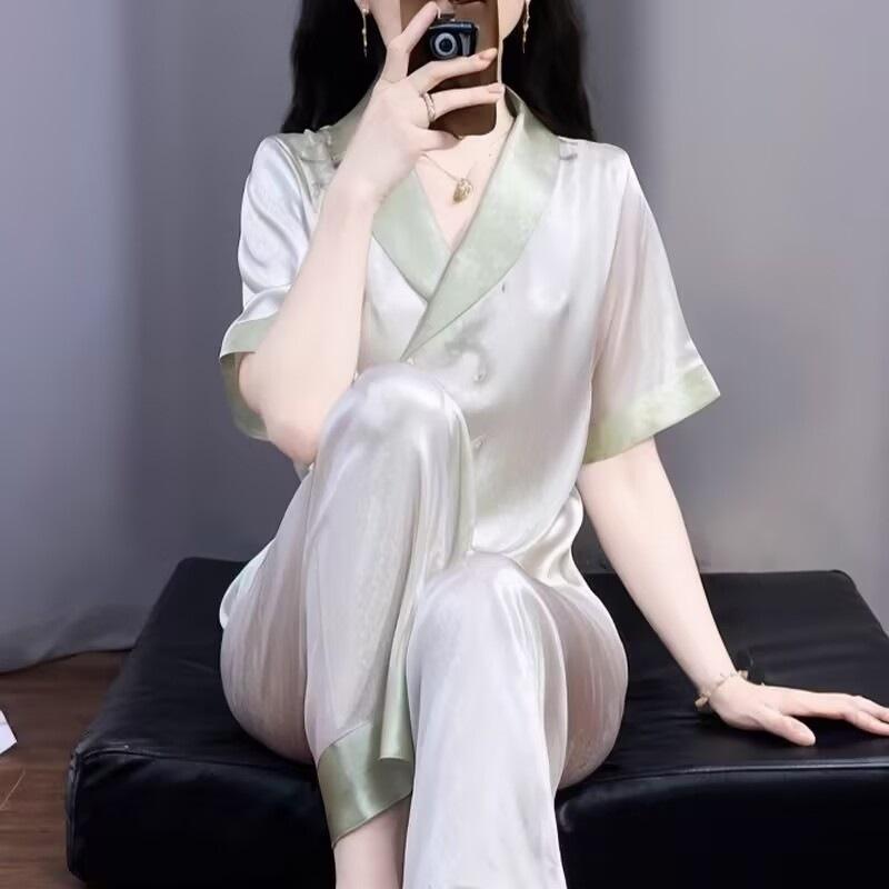 Pajamas women's summer cool ice and snow silk short-sleeved trousers cardigan simple two-piece set simple casual loungewear
