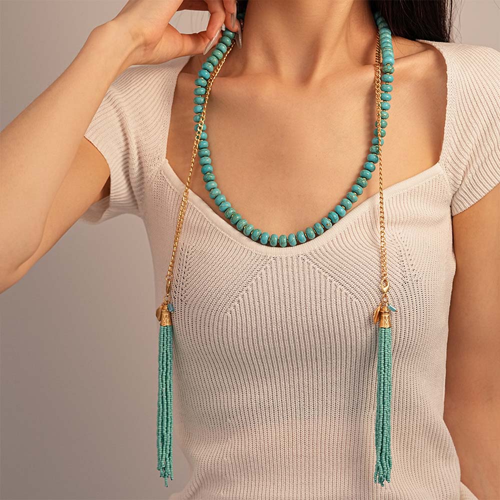 Hanging Neck Long Turquoise Necklace Tassel Pendant Sweater Chain Friends Gift