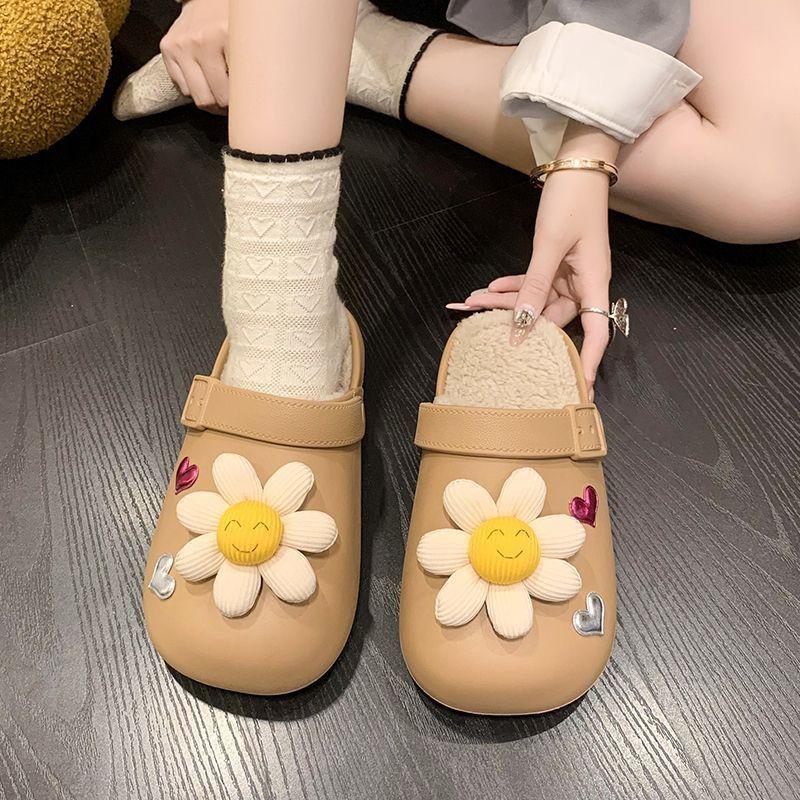 Fashion Sunflower Versatile Baotou Half Slippers Women's 2025 Autumn and Winter New Home Indoor Fleece Warm Cotton Slippers