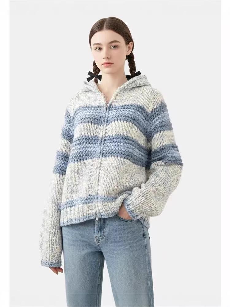 Chunky Knit Wool Color Block Stripe Cardigan Coat - Handmade for Autumn/Winter