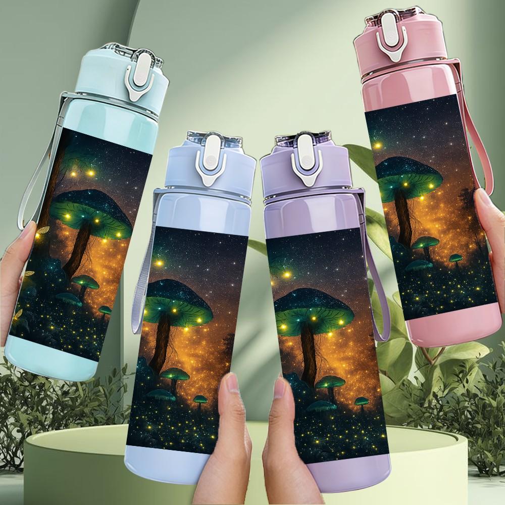 1PC Night Sky House Scenery Print 750ml Color Plastic Sports Water Bottle Leakproof Flip Straw Lid Suitable for Sports Office Home Use