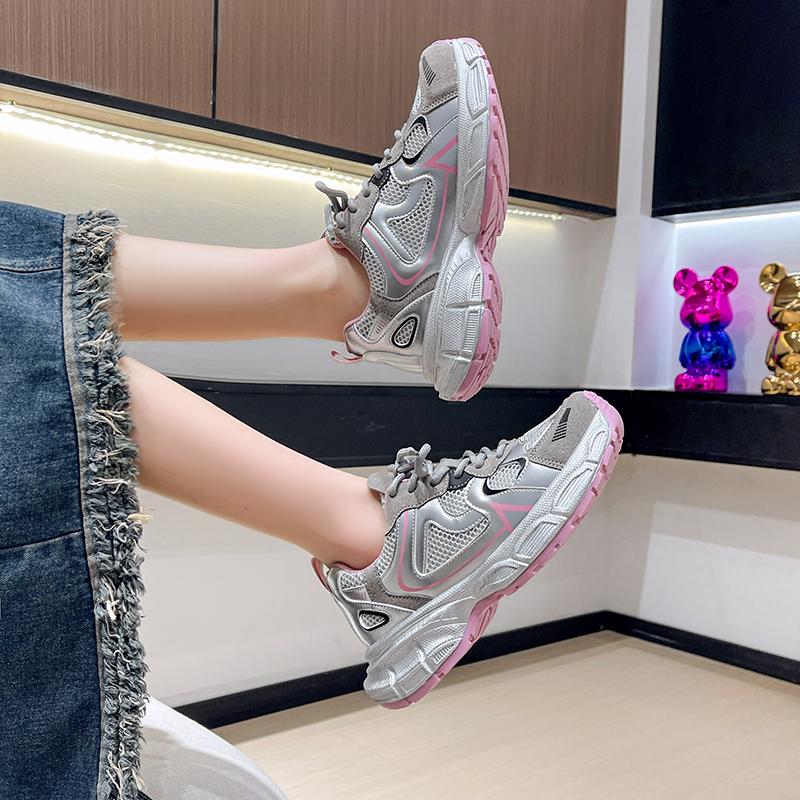 Spring Women's Shoes Silver Thick Sole Versatile Casual Shoes Women's Lightweight and Breathable Sneakers Zapatos Mujer
