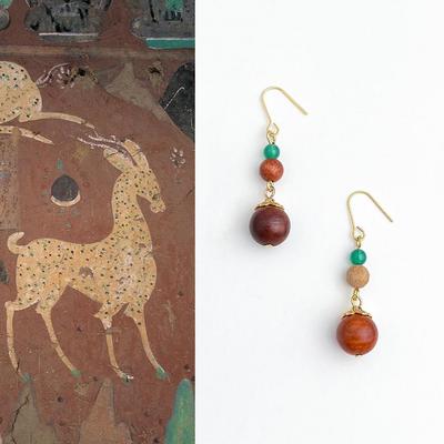 Boucles d'oreilles en bois faites à la main avec des perles d'agate verte naturelle - Style ethnique rétro