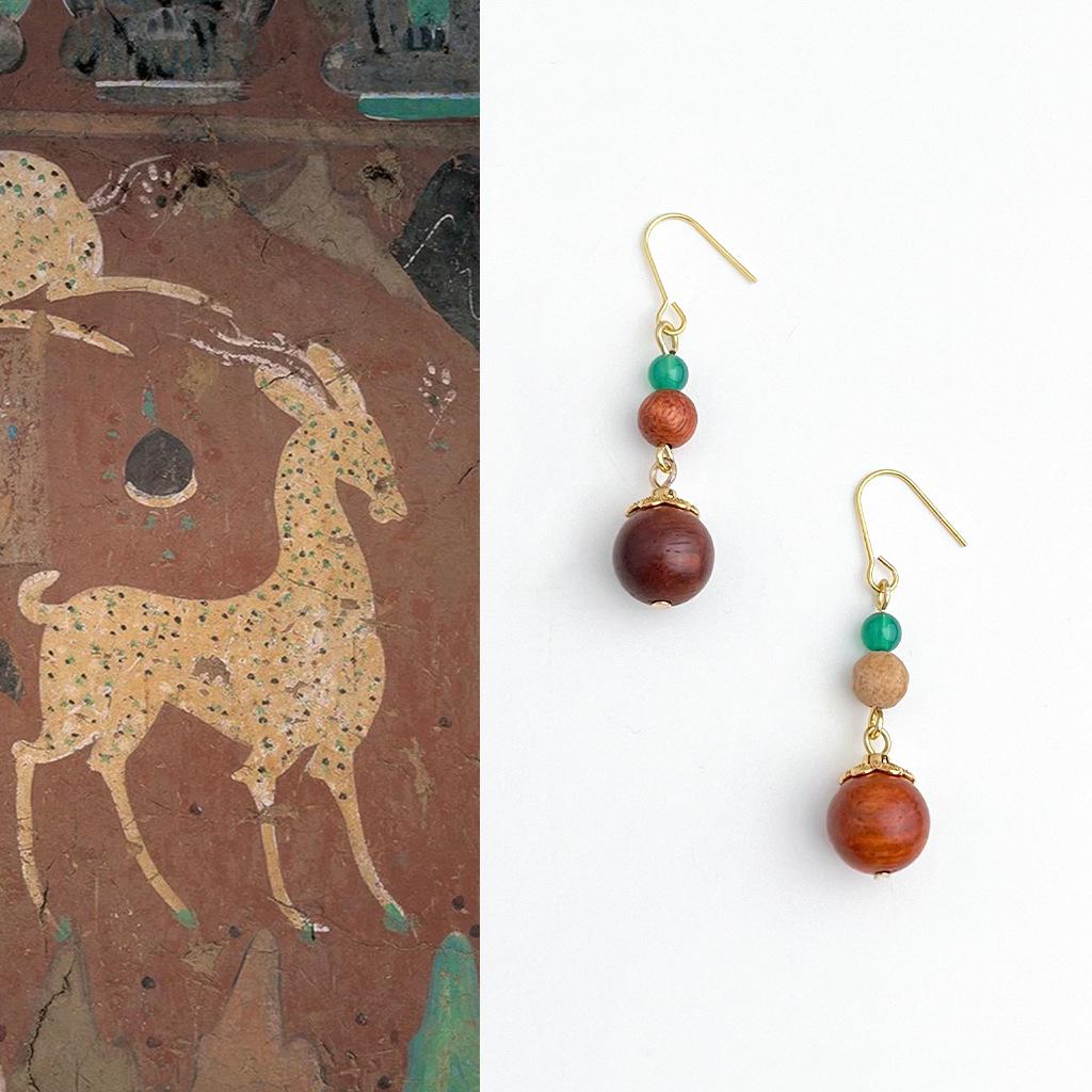 Boucles d'oreilles en bois faites à la main avec des perles d'agate verte naturelle - Style ethnique rétro