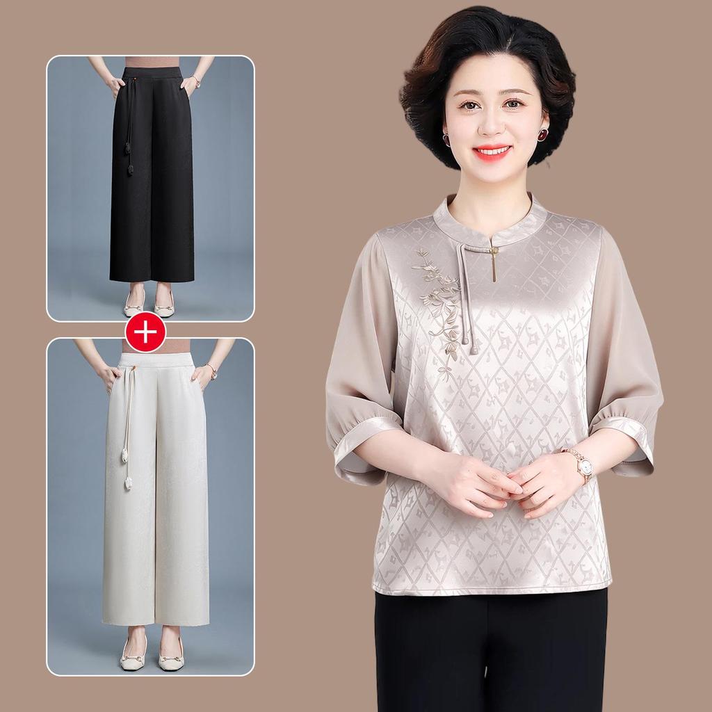 2026 Summer New Mid-Sleeve Silk-Like Blouse & Wide-Leg Pants Set for Middle-Aged Women