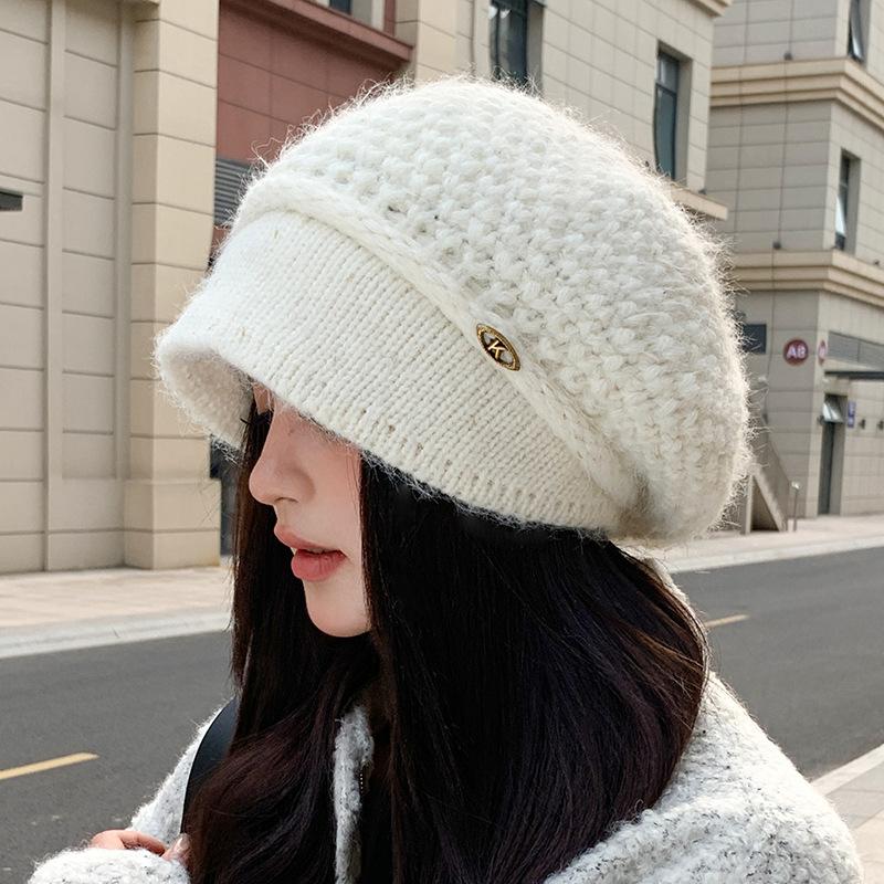 

French Knitted Hat Women s Autumn and Winter Double Wool Hat Warm Ear Protector one size