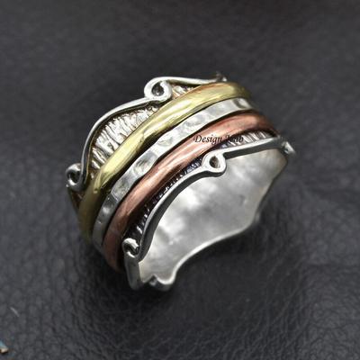 Hammered 925 Sterling Silver Designer Spinner Ring For Women, Handmade Three Tone Meditation Ring For Her, Silver Anxiety Bridesmaid Ring