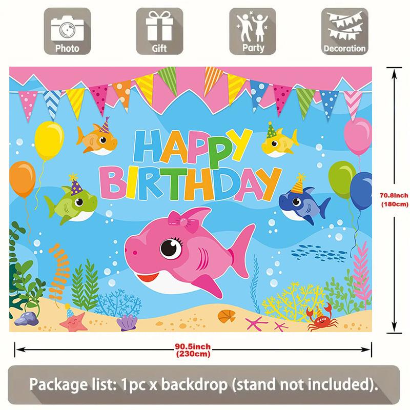 2D flat banner 1 piece. Underwater world shark background. Birthday party. Blue cartoon marine creatures decoration.