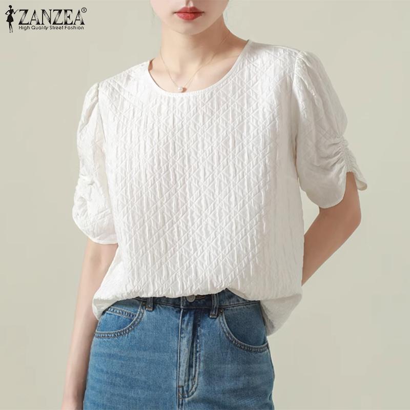 

ZANZEA Женская повседневная летняя блузка с круглым вырезом и коротким рукавом XL белый