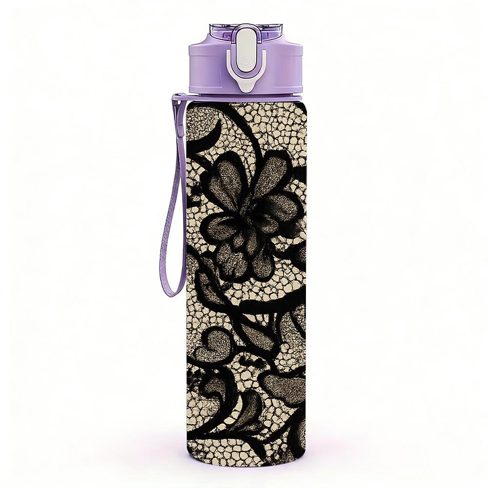 1PC Black Lace Vintage Texture Print 750ml Color Plastic Sports Water Bottle Leakproof Flip Straw Lid Suitable for Sports Office Home Use