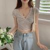 Floral T-shirt for Women Design Slim Short Sleeve Summer Korean Version V-neck Short High Waist Navel Women