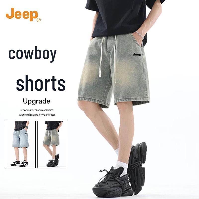 Jeep Men's Washed Denim Loose Straight Fit Knee-Length Shorts